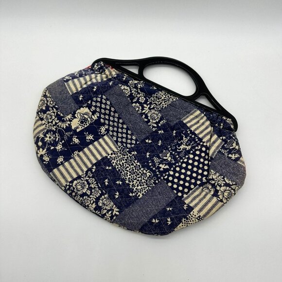 Vintage Handmade Reversible Tote Purse Top Handle Bag Blue Red Patchwork Floral - Picture 2 of 7